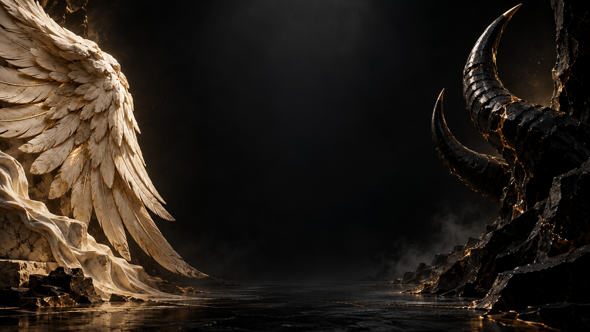 Arte conceptual DNVII con ala clara y cuernos oscuros, fondo negro y detalles dorados