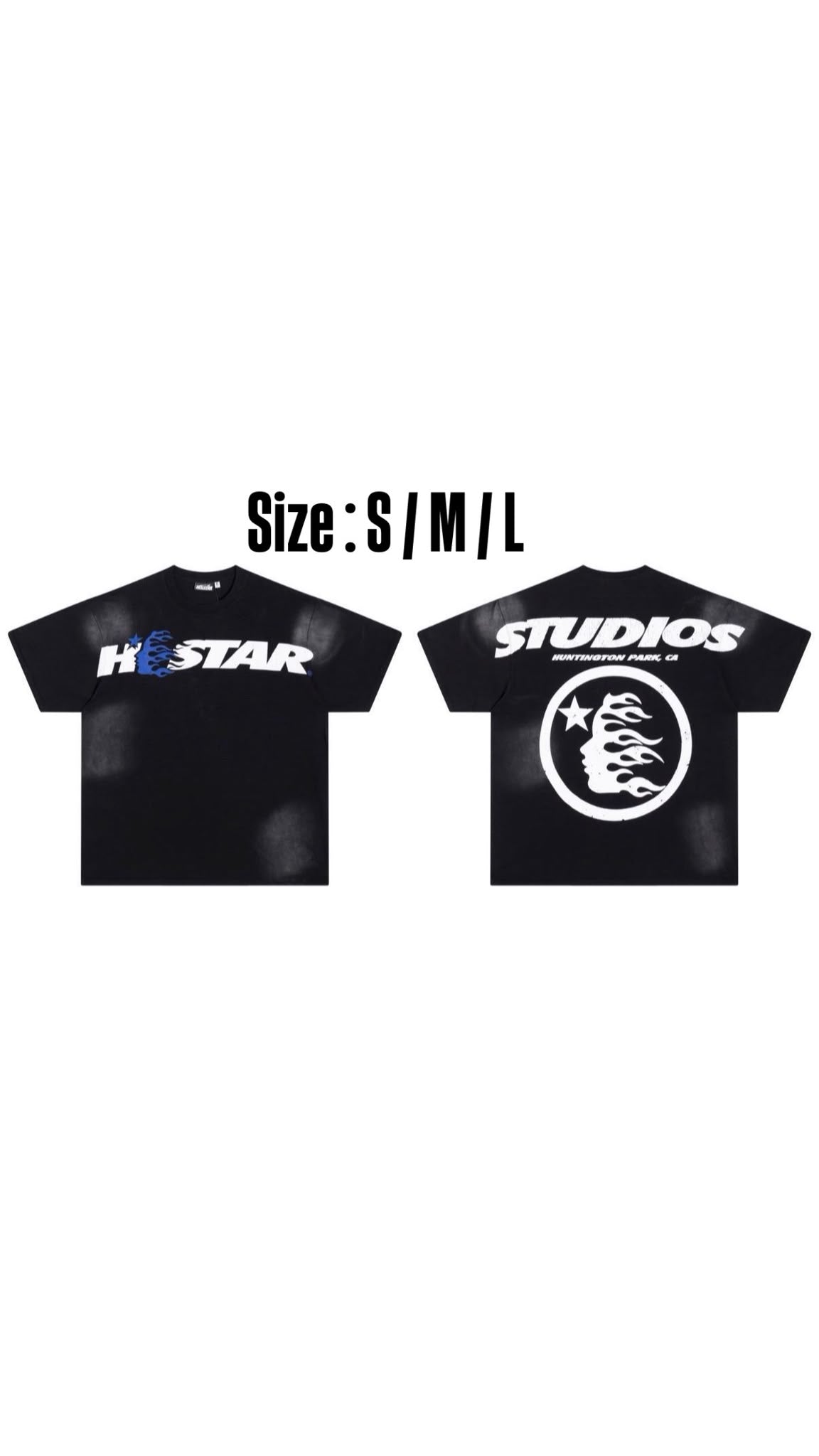 Camiseta negra Studios | gráfico azul y blanco, fotografía del artículo proporcionada por la tienda