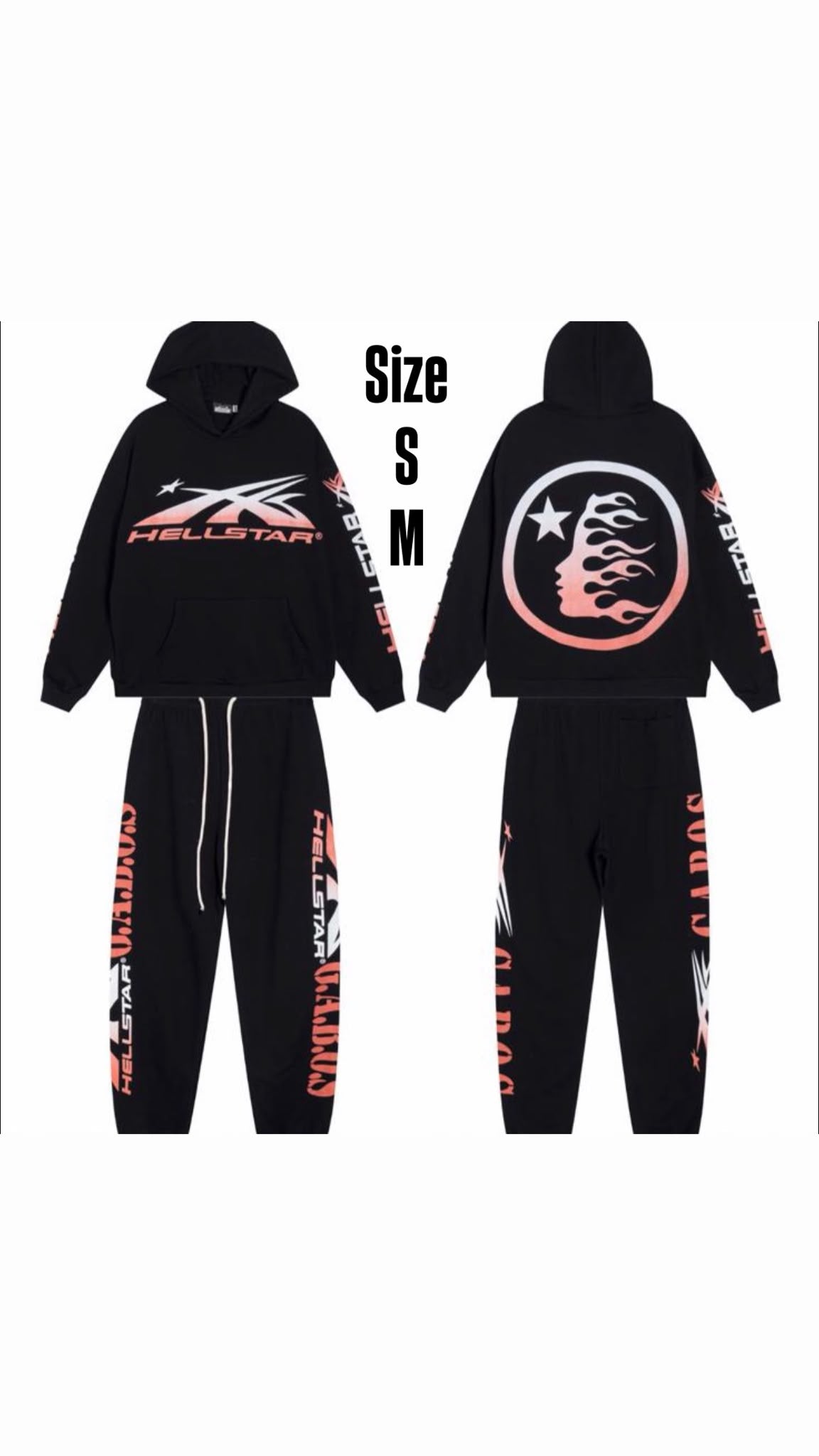 Conjunto negro con gráficos coral, vistas delantera y trasera